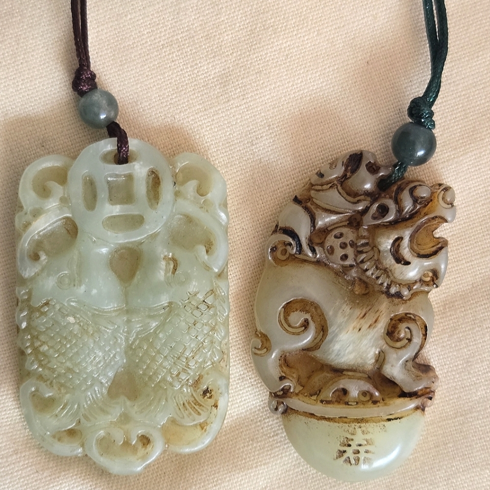 2 Faux Jade Pendant Necklaces